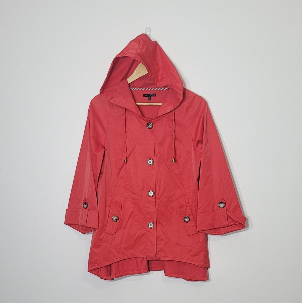 For Cynthia Red Raincoat Cotton Blend Pockets High Low Hooded Size Small